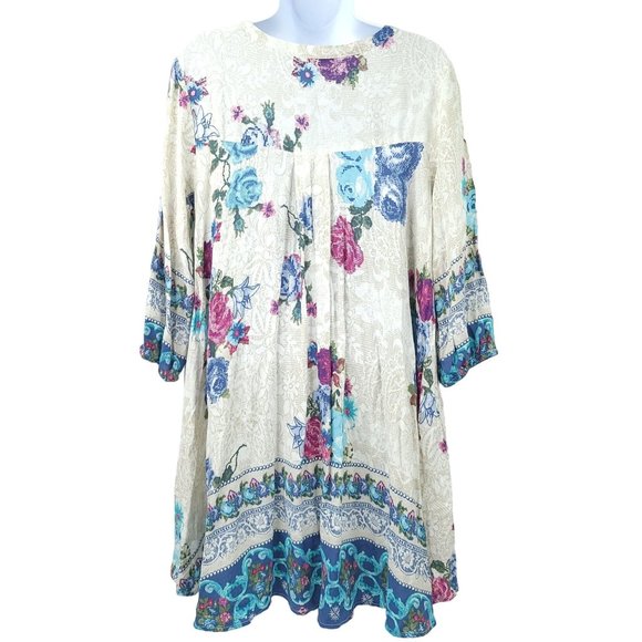 Jodifl Floral Tunic Top Flowy Size S Lightweight 3/4 Sleeve Pockets Peasant Blue - Picture 2 of 14